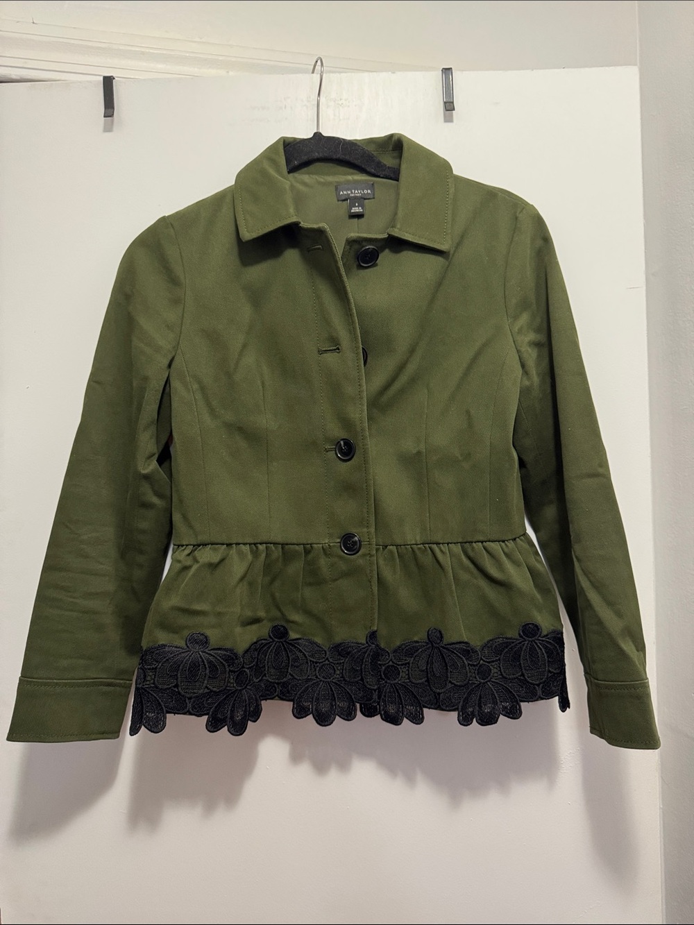 Ann Taylor Factory Olive Green Jacket with Black Lace Hem